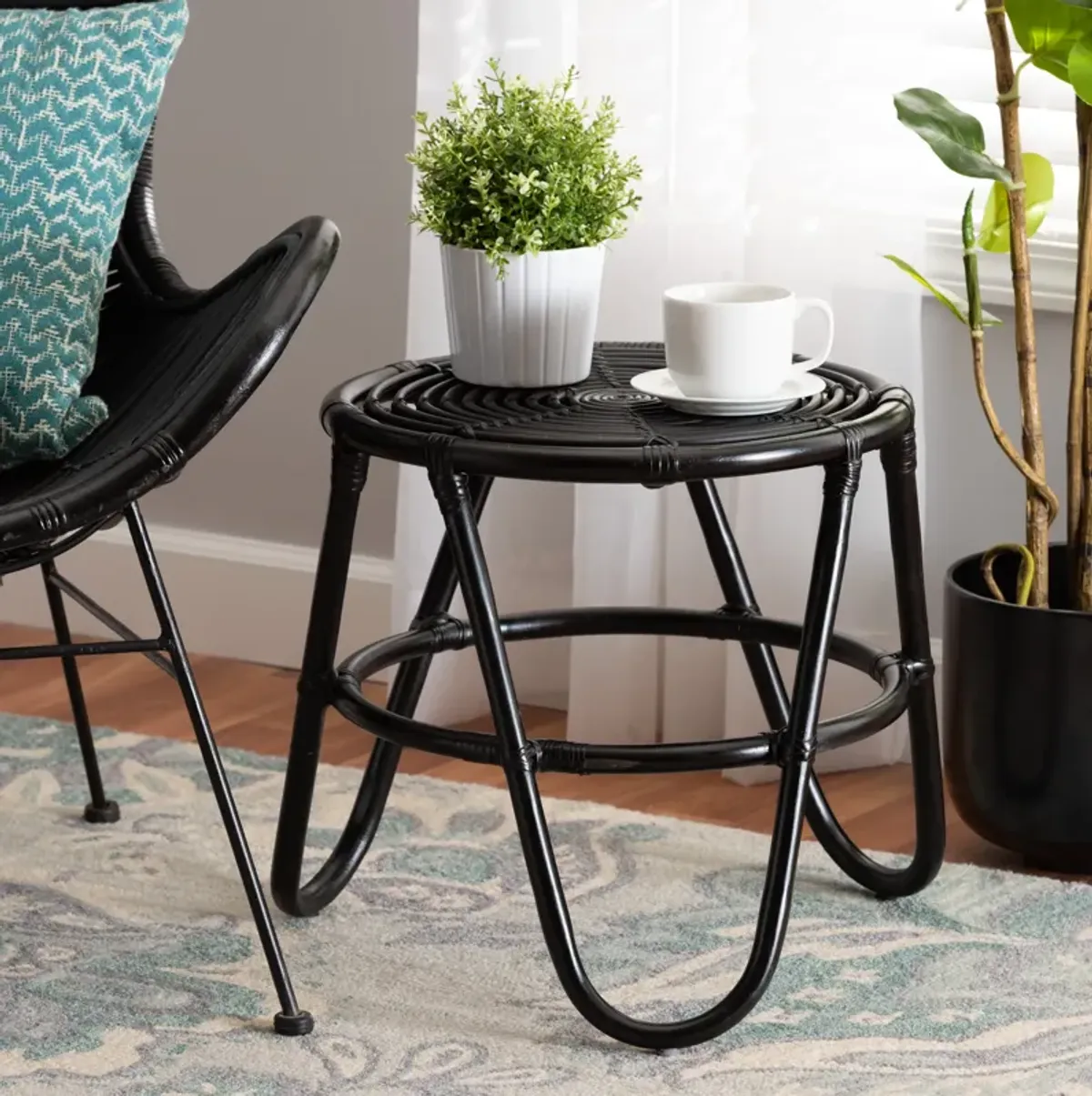 Bali & Pari Pertessa Modern Bohemian Black Finished Rattan End Table