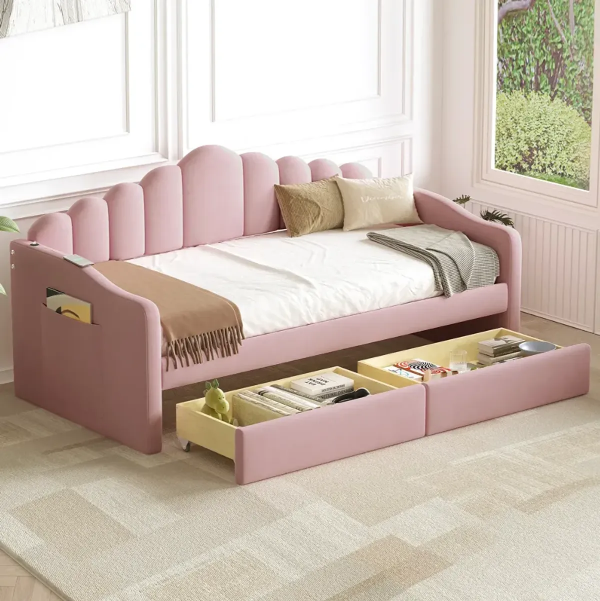 Merax Upholstered Daybed Bed Frame with 2 Drawers