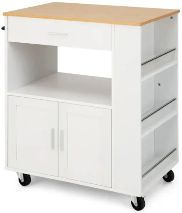 Rolling Kitchen Trolley with 3 Spice Racks Drawer and Open Shelf-White