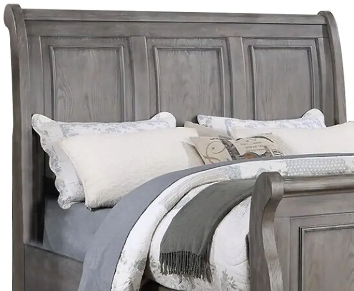 Demi King Size Bed, Sleigh Headboard, Tri Panel Molding, Oak Gray Wood - Benzara