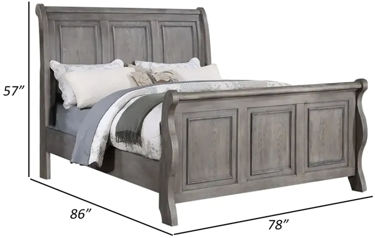 Demi King Size Bed, Sleigh Headboard, Tri Panel Molding, Oak Gray Wood - Benzara