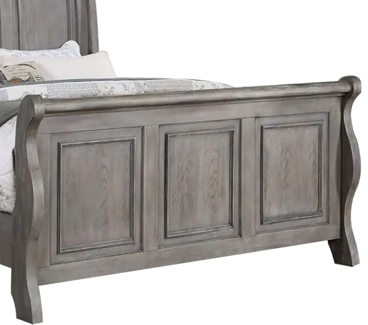 Demi King Size Bed, Sleigh Headboard, Tri Panel Molding, Oak Gray Wood - Benzara