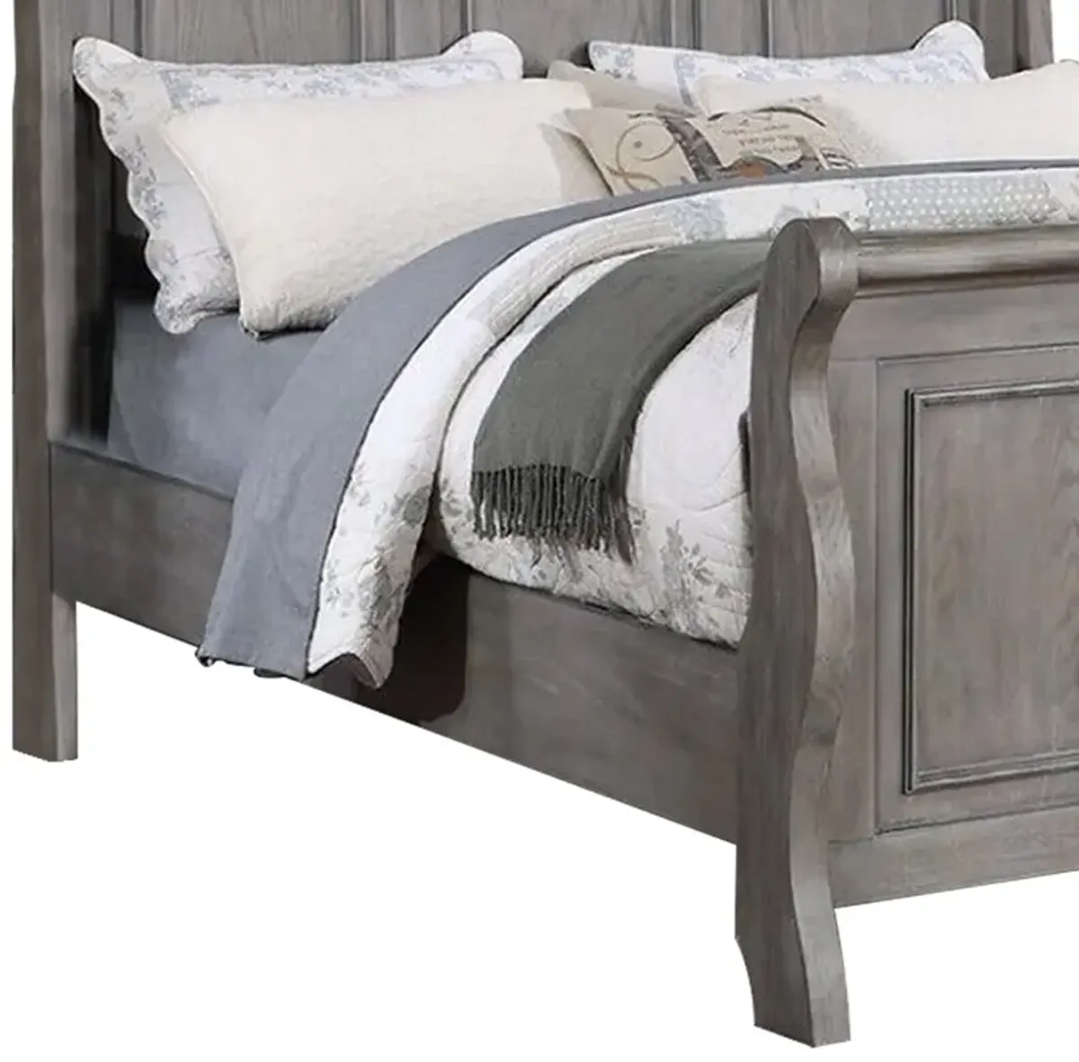 Demi King Size Bed, Sleigh Headboard, Tri Panel Molding, Oak Gray Wood - Benzara