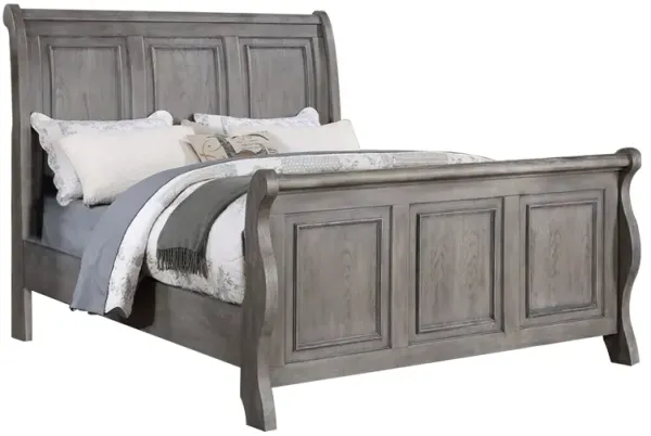 Demi King Size Bed, Sleigh Headboard, Tri Panel Molding, Oak Gray Wood - Benzara