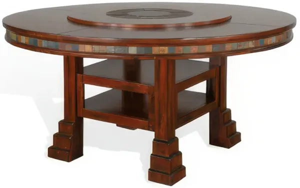 Odell Dining Table w Lazy Susan, 2 Shelves, 60 Inch Round Dark Brown - Benzara