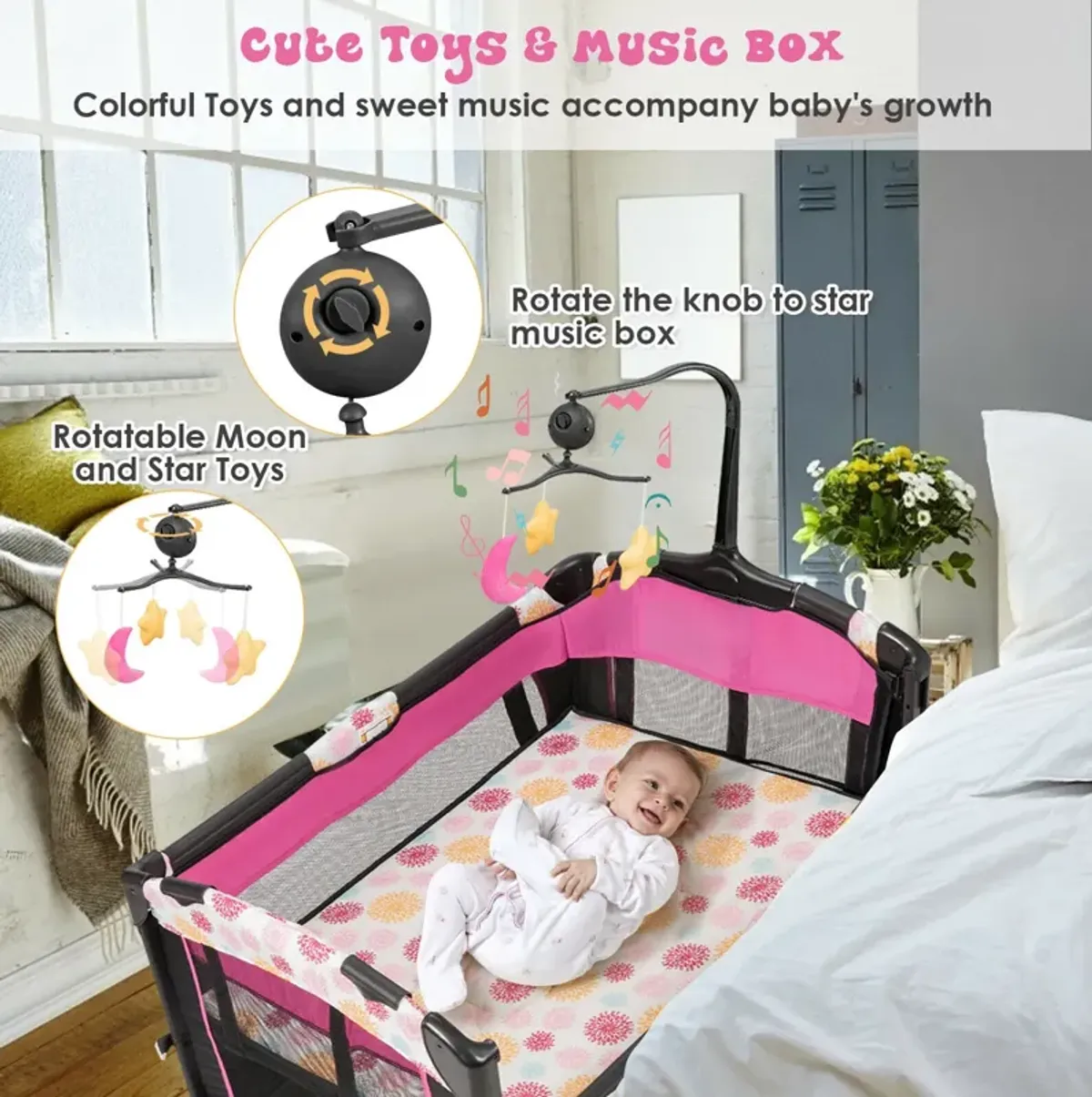 3-in-1 Convertible Portable Baby Playard with Music Box and Wheel and Brakes