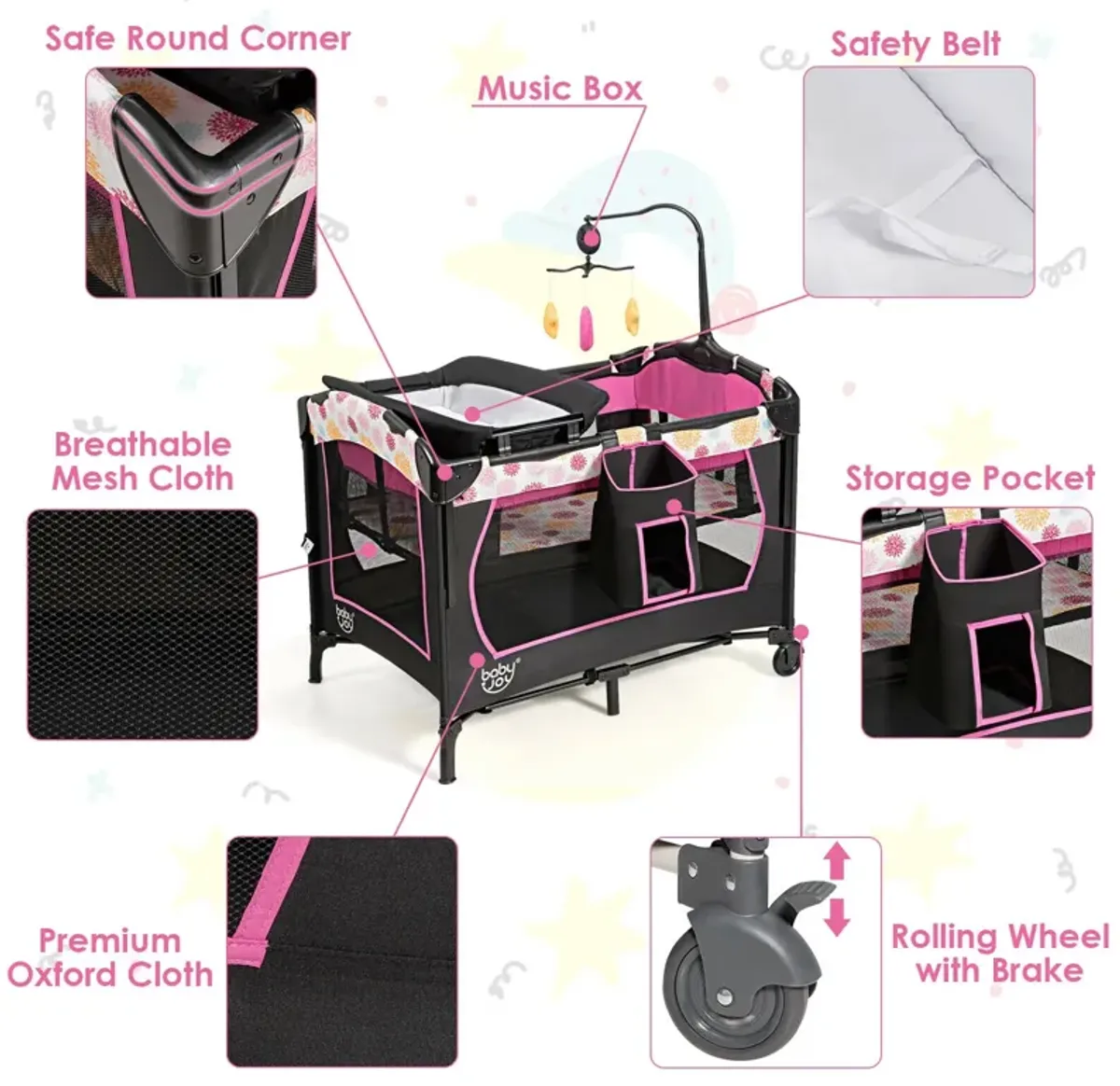 3-in-1 Convertible Portable Baby Playard with Music Box and Wheel and Brakes