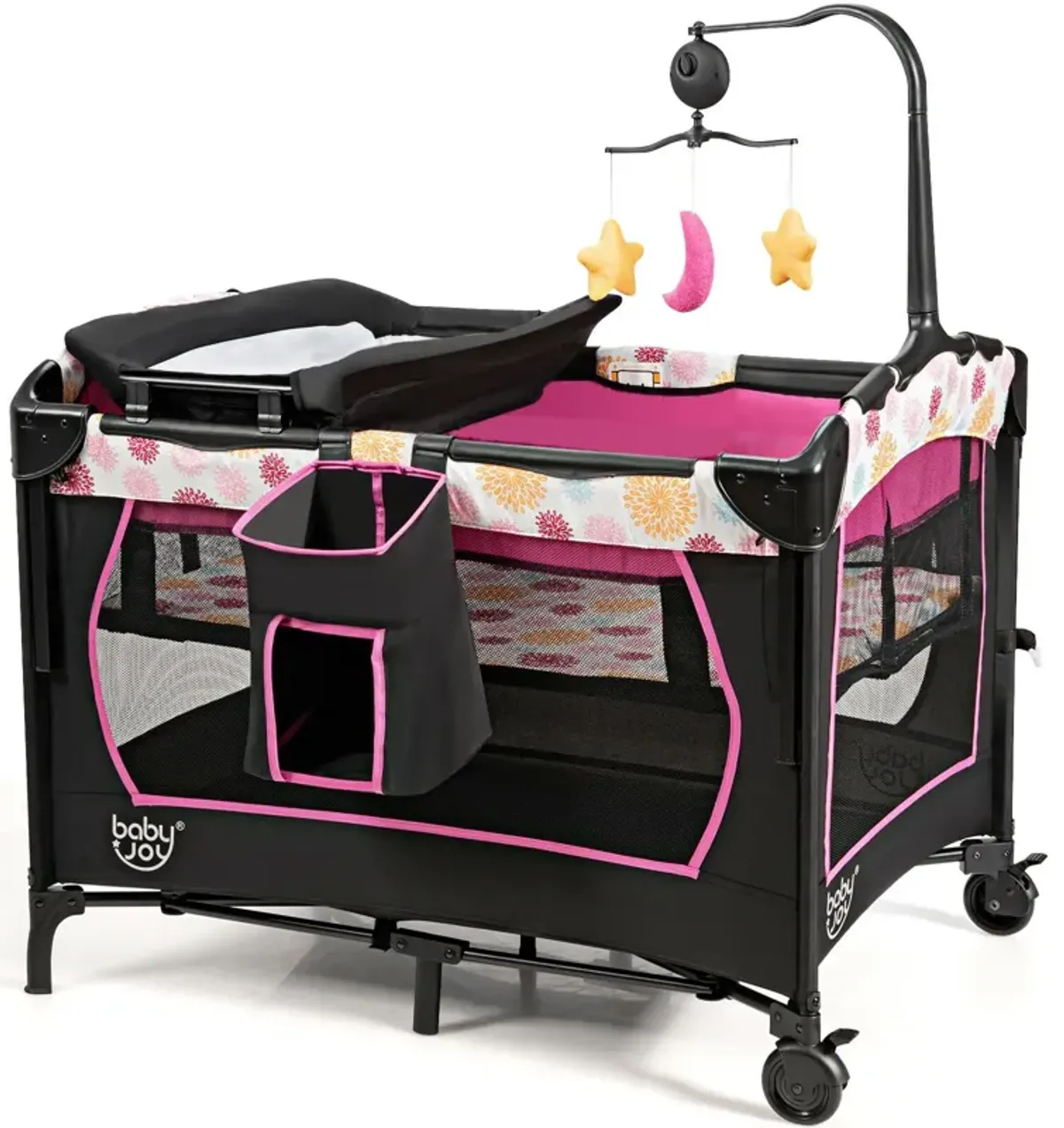 3-in-1 Convertible Portable Baby Playard with Music Box and Wheel and Brakes