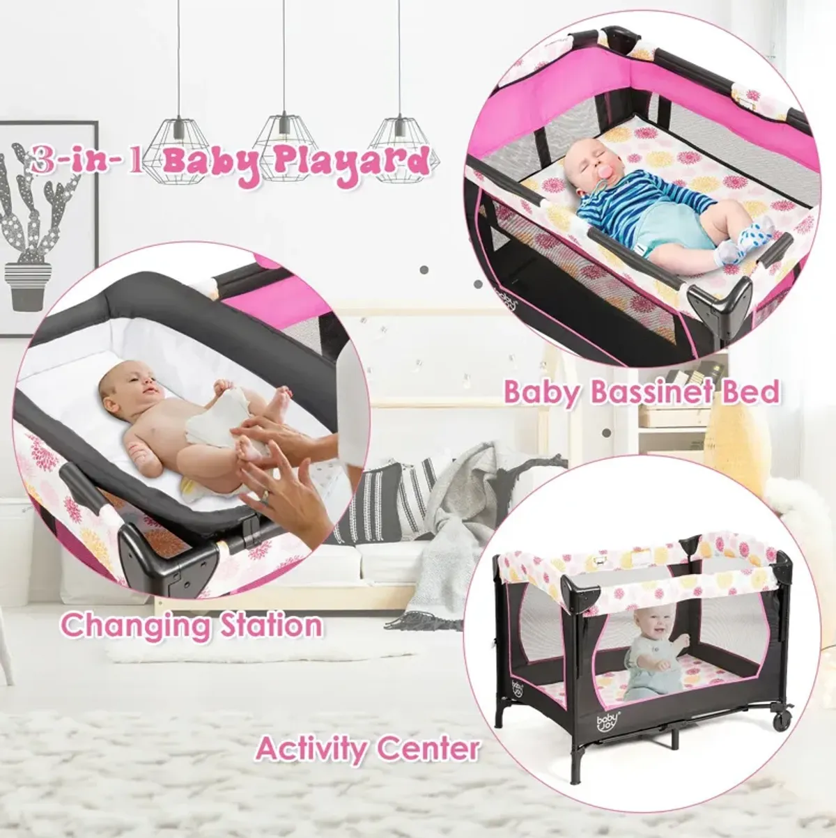 3-in-1 Convertible Portable Baby Playard with Music Box and Wheel and Brakes