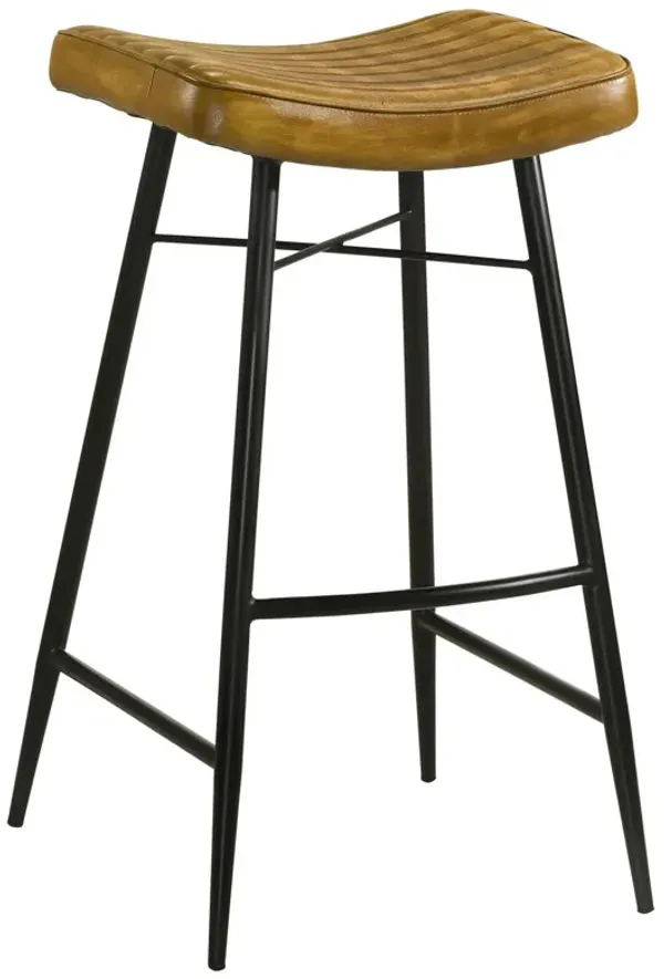 Vini 30 Inch Bar Stool Set of 2, Curved Leather Seat, Channel Tufted, Brown - Benzara