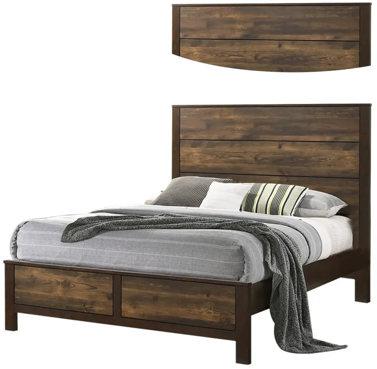 Roki Platform California King Bed with Panel Design, Rustic Brown Finish - Benzara