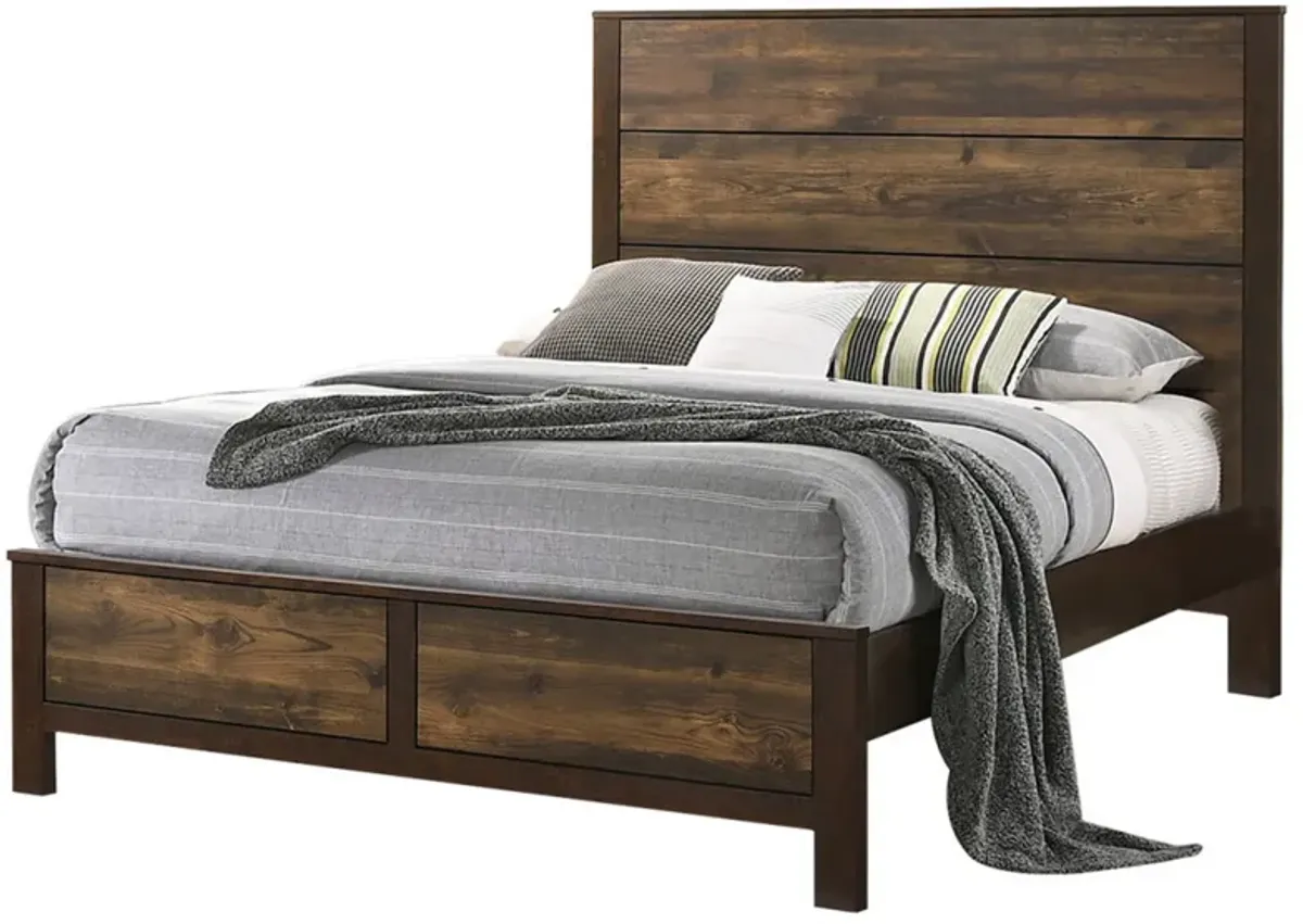 Roki Platform California King Bed with Panel Design, Rustic Brown Finish - Benzara