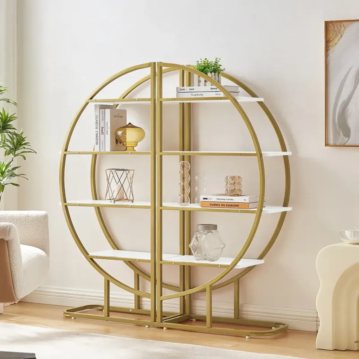 4 Tiers Home Office Open Bookshelf, Round Shaped, Different Placement Ways, MDF Board, Metal Frame