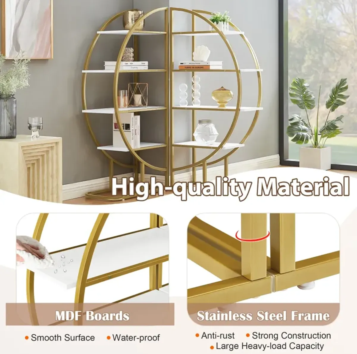 4 Tiers Home Office Open Bookshelf, Round Shaped, Different Placement Ways, MDF Board, Metal Frame