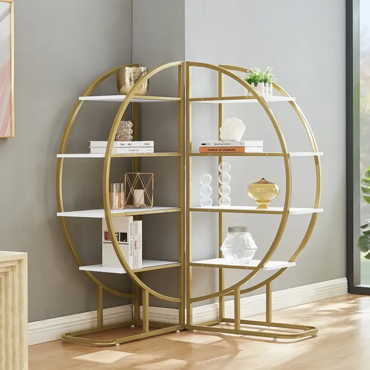 4 Tiers Home Office Open Bookshelf, Round Shaped, Different Placement Ways, MDF Board, Metal Frame