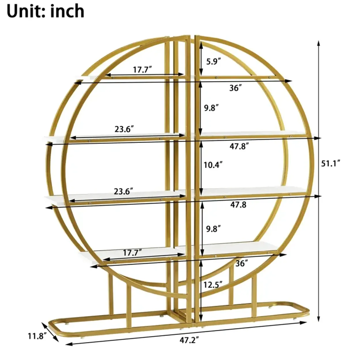 4 Tiers Home Office Open Bookshelf, Round Shaped, Different Placement Ways, MDF Board, Metal Frame