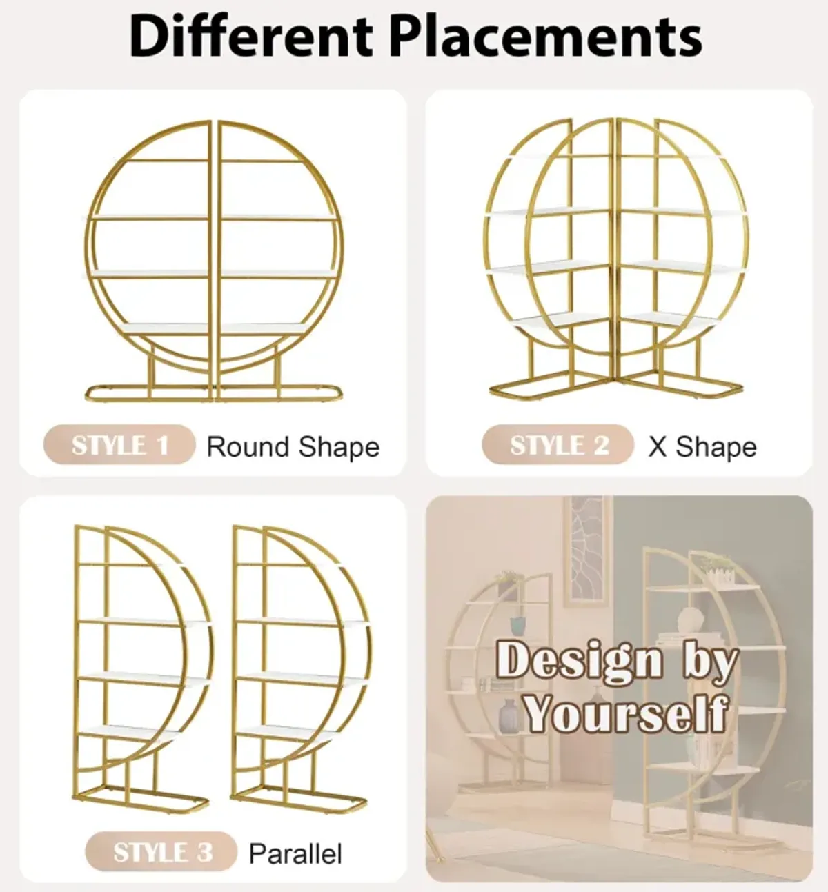 4 Tiers Home Office Open Bookshelf, Round Shaped, Different Placement Ways, MDF Board, Metal Frame