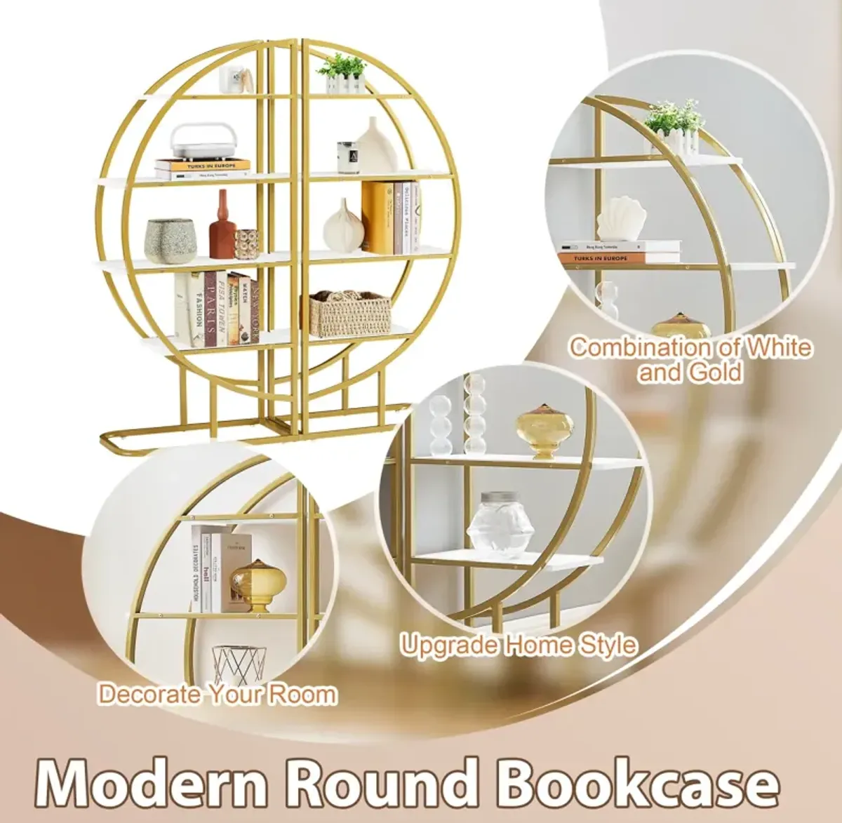 4 Tiers Home Office Open Bookshelf, Round Shaped, Different Placement Ways, MDF Board, Metal Frame