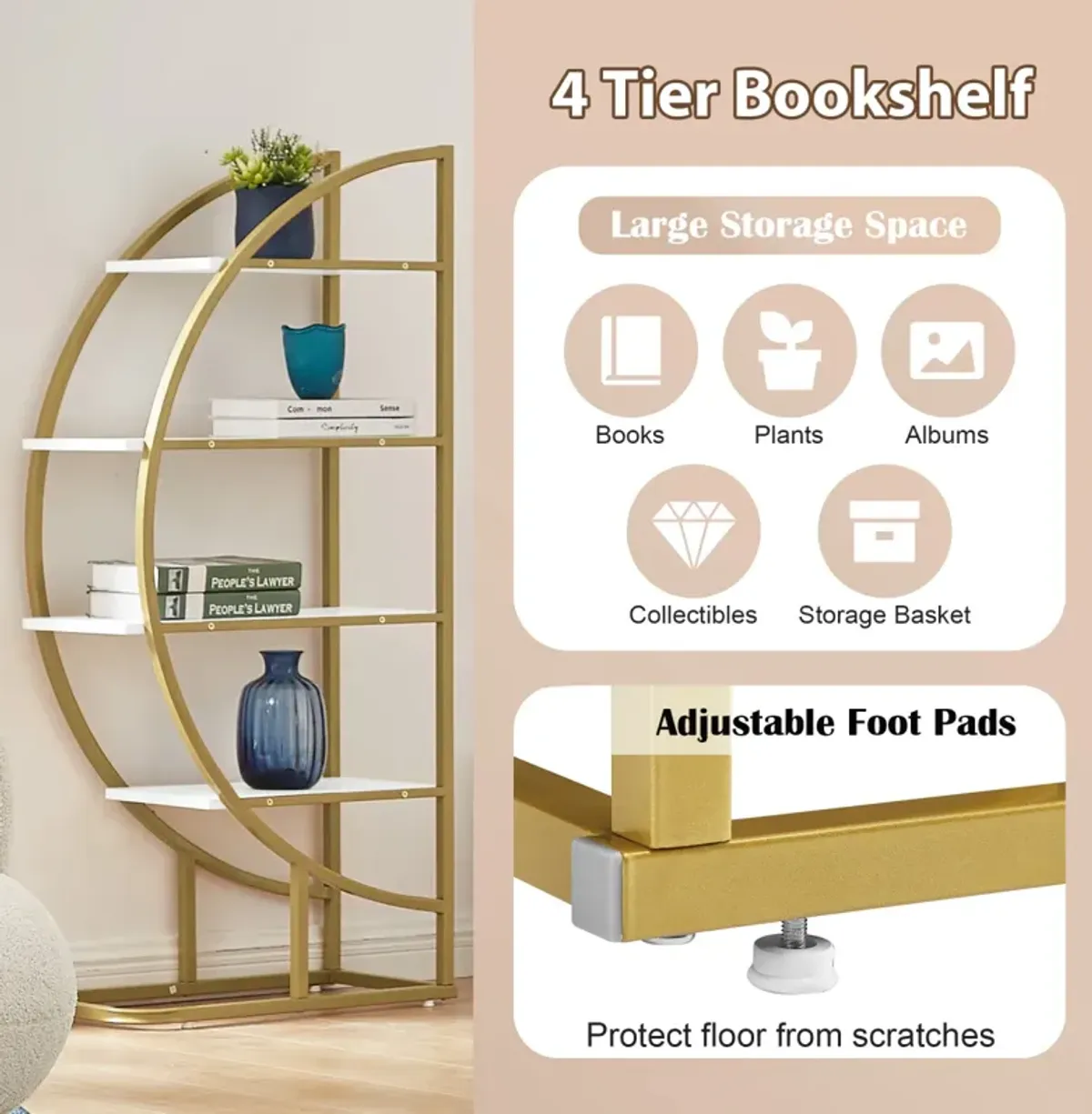 4 Tiers Home Office Open Bookshelf, Round Shaped, Different Placement Ways, MDF Board, Metal Frame