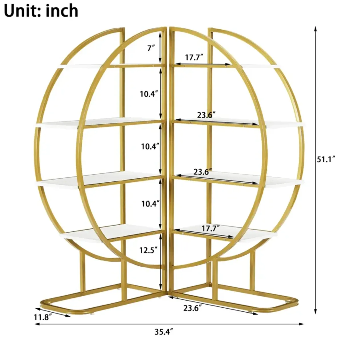 4 Tiers Home Office Open Bookshelf, Round Shaped, Different Placement Ways, MDF Board, Metal Frame