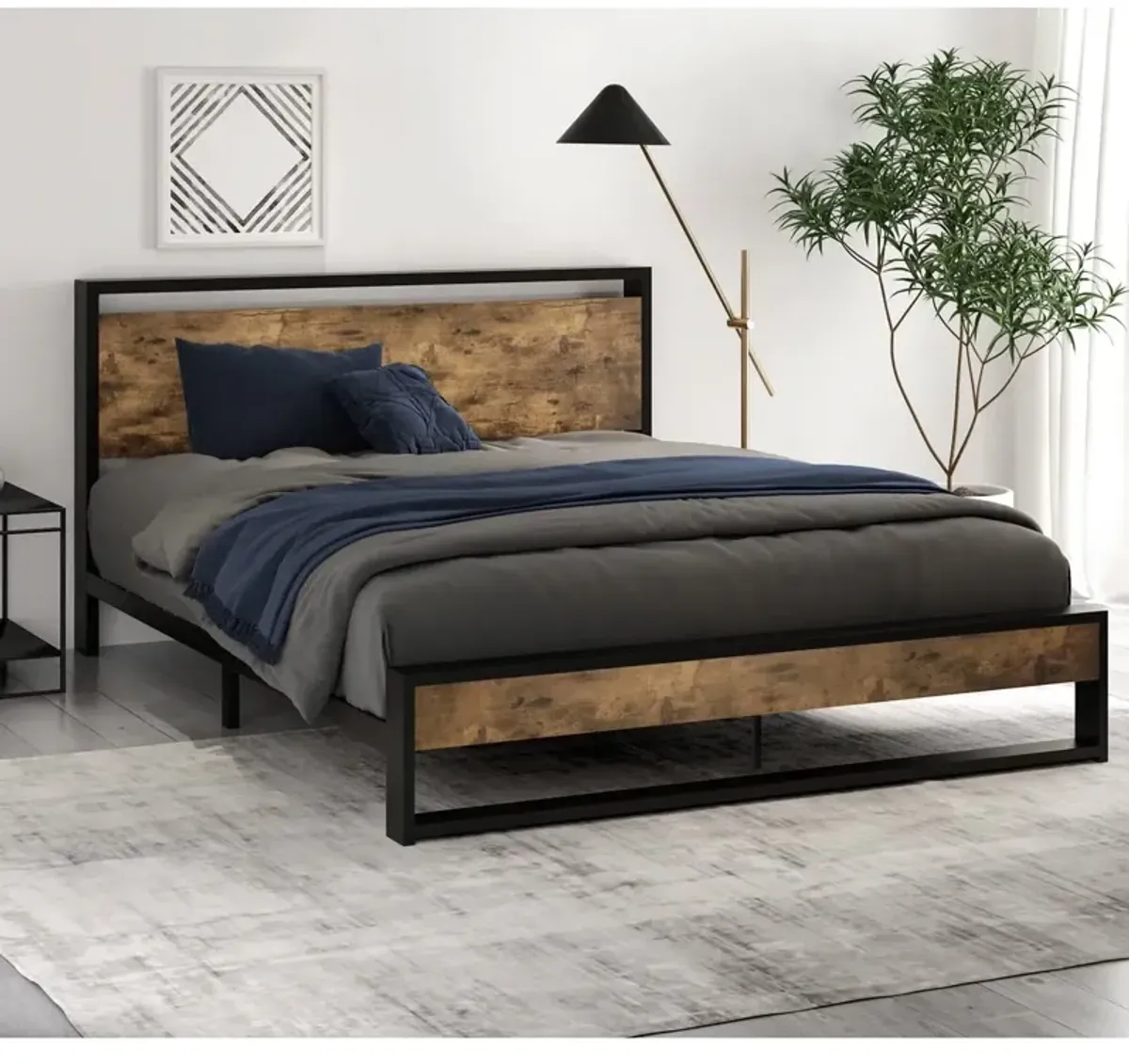 Hivvago Queen size Metal Wood Platform Bed Frame with Industrial Headboard