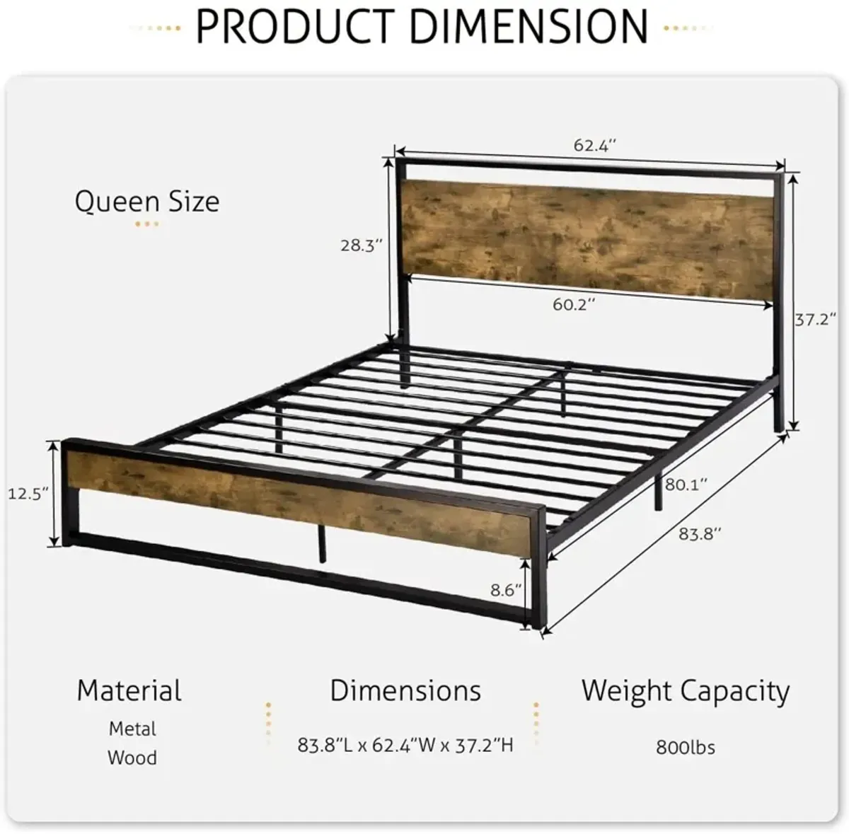 Hivvago Queen size Metal Wood Platform Bed Frame with Industrial Headboard