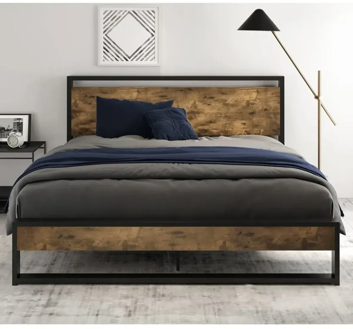 Hivvago Queen size Metal Wood Platform Bed Frame with Industrial Headboard