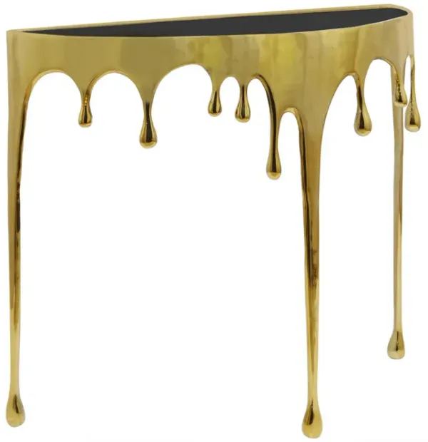 Capri Sofa Console Table | 36.25" Half Moon Glass Top | Melting Drip Design | Aluminum Cast | Antique Gold
