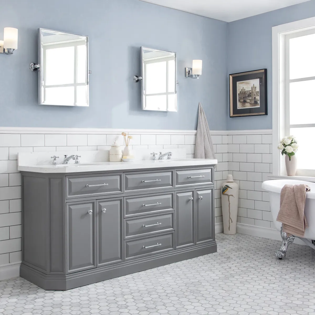 Palace 72 In. Double Sink Carrara Quartz Countertop Bath Vanity in Cashmere Grey with Chrome Hardware