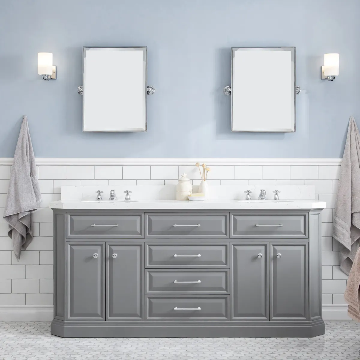 Palace 72 In. Double Sink Carrara Quartz Countertop Bath Vanity in Cashmere Grey with Chrome Hardware