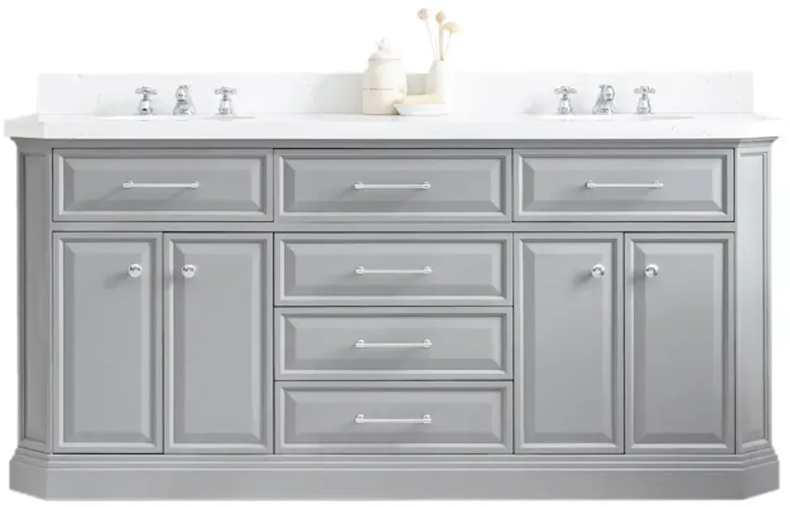 Palace 72 In. Double Sink Carrara Quartz Countertop Bath Vanity in Cashmere Grey with Chrome Hardware