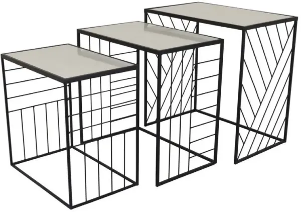 Plant Stand Table Set of 3, Intricate Geometric Pattern, Black Finish - Benzara