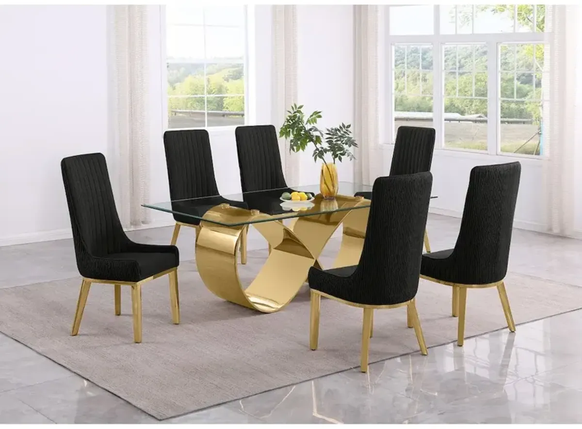 Best Quality Furniture 7Pc Tempered Glass Dining Set With 6 Black Boucle Side Chairs And A Gold Base