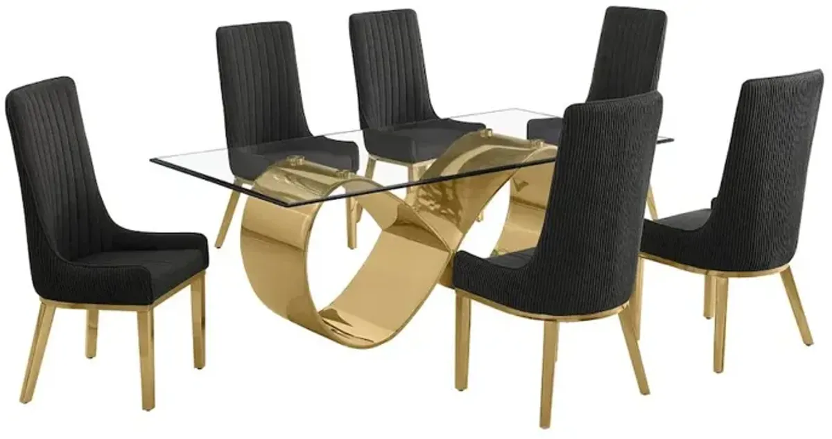 Best Quality Furniture 7Pc Tempered Glass Dining Set With 6 Black Boucle Side Chairs And A Gold Base