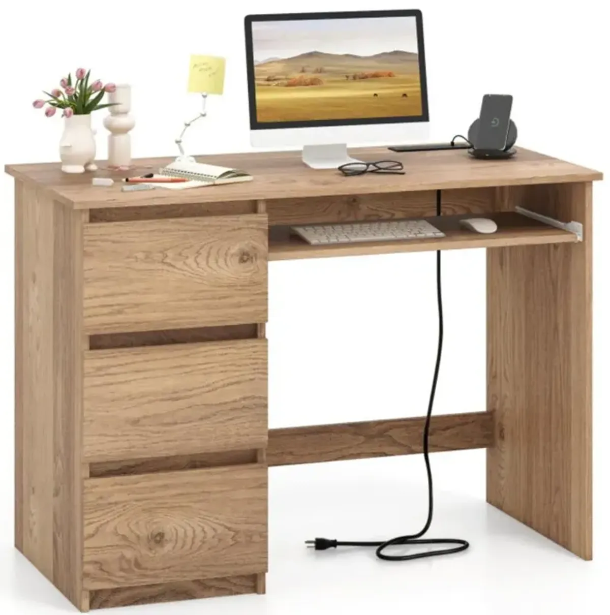 Computer Desk with Power Outlet Keyboard Tray and 3 Large Drawers