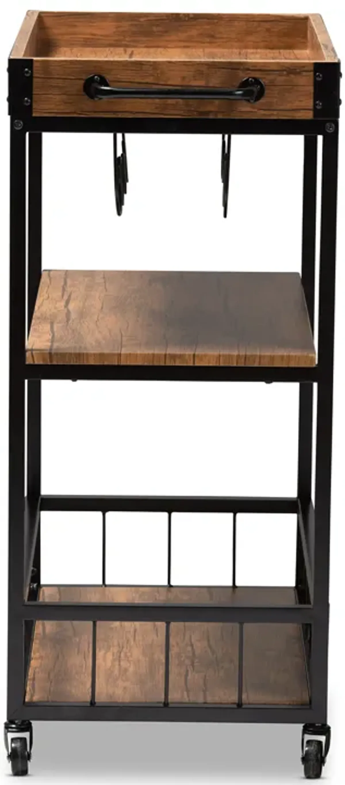 Baxton Studio Cerne Rustic Oak Brown Mobile Metal Bar Cart with Wine Bottle Rack