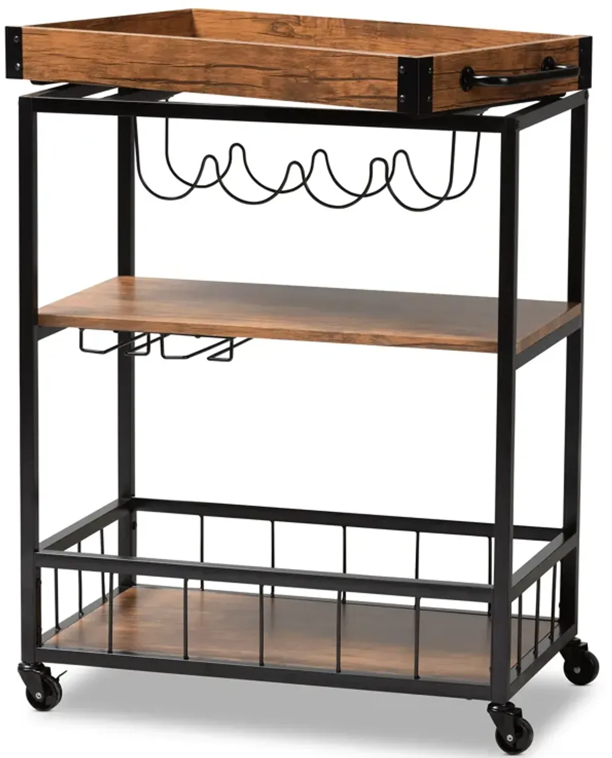 Baxton Studio Cerne Rustic Oak Brown Mobile Metal Bar Cart with Wine Bottle Rack