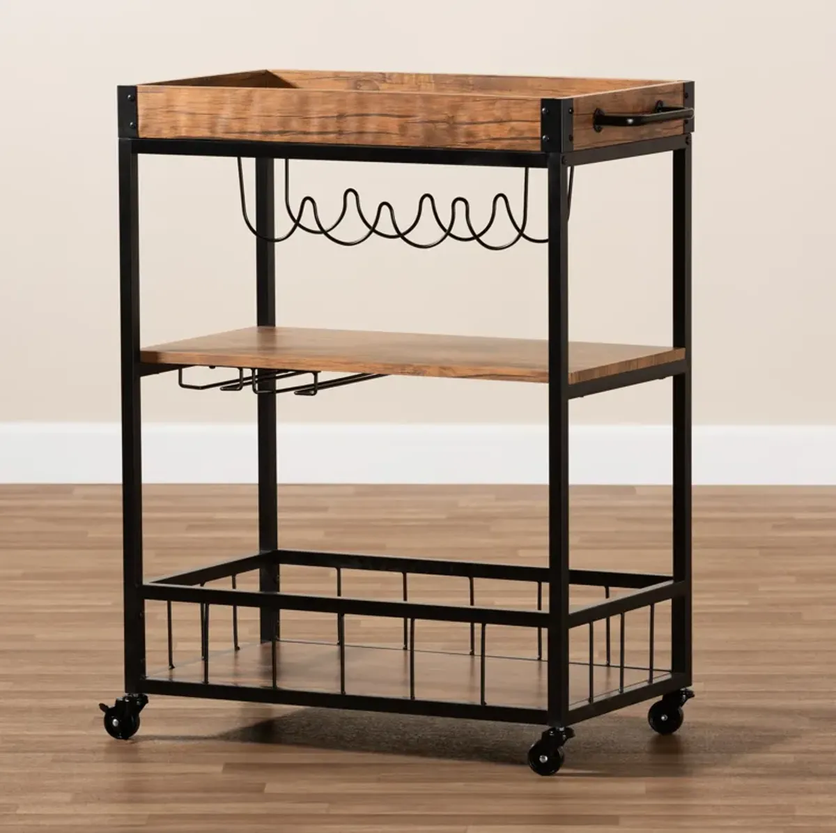 Baxton Studio Cerne Rustic Oak Brown Mobile Metal Bar Cart with Wine Bottle Rack