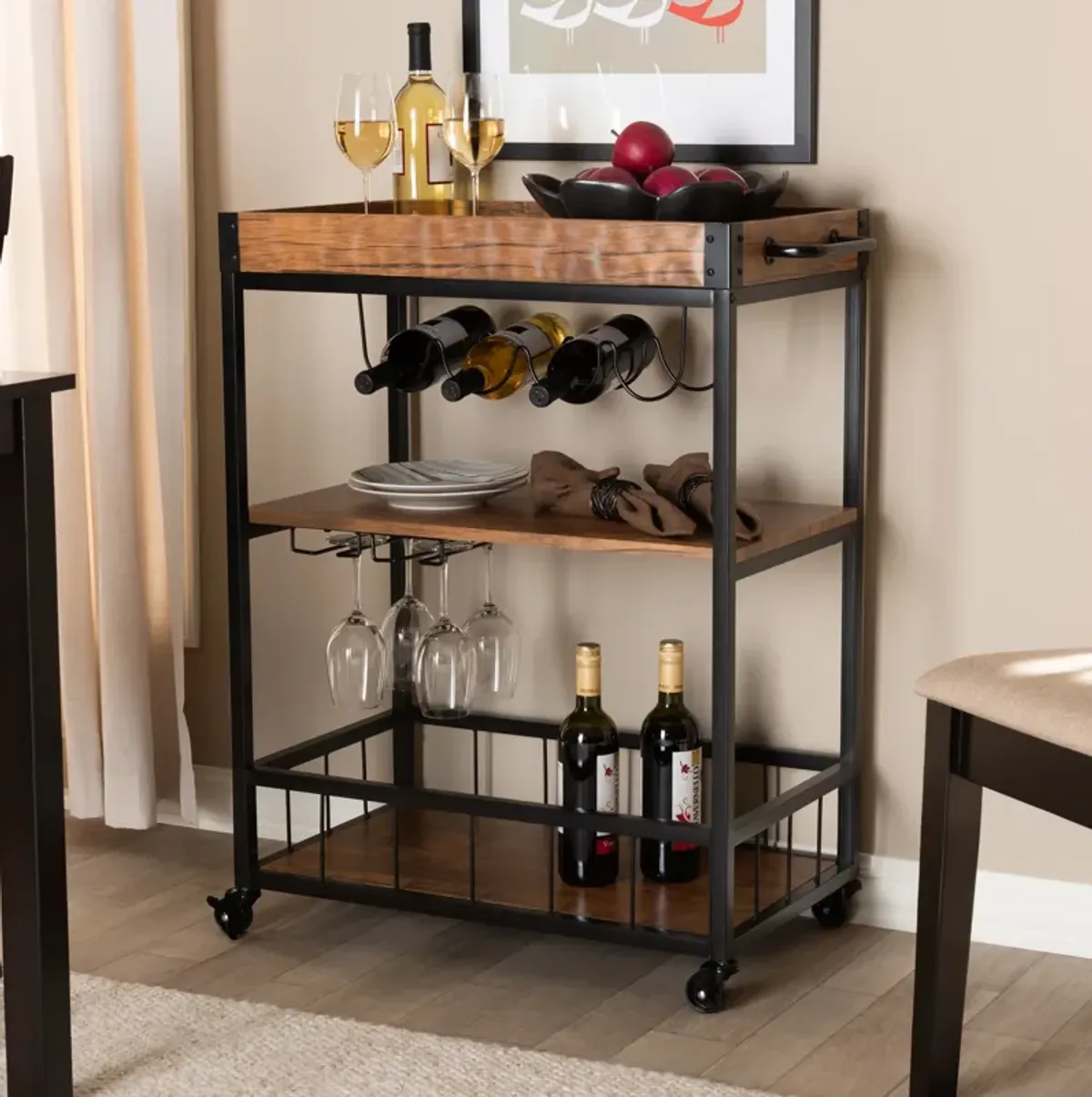 Baxton Studio Cerne Rustic Oak Brown Mobile Metal Bar Cart with Wine Bottle Rack