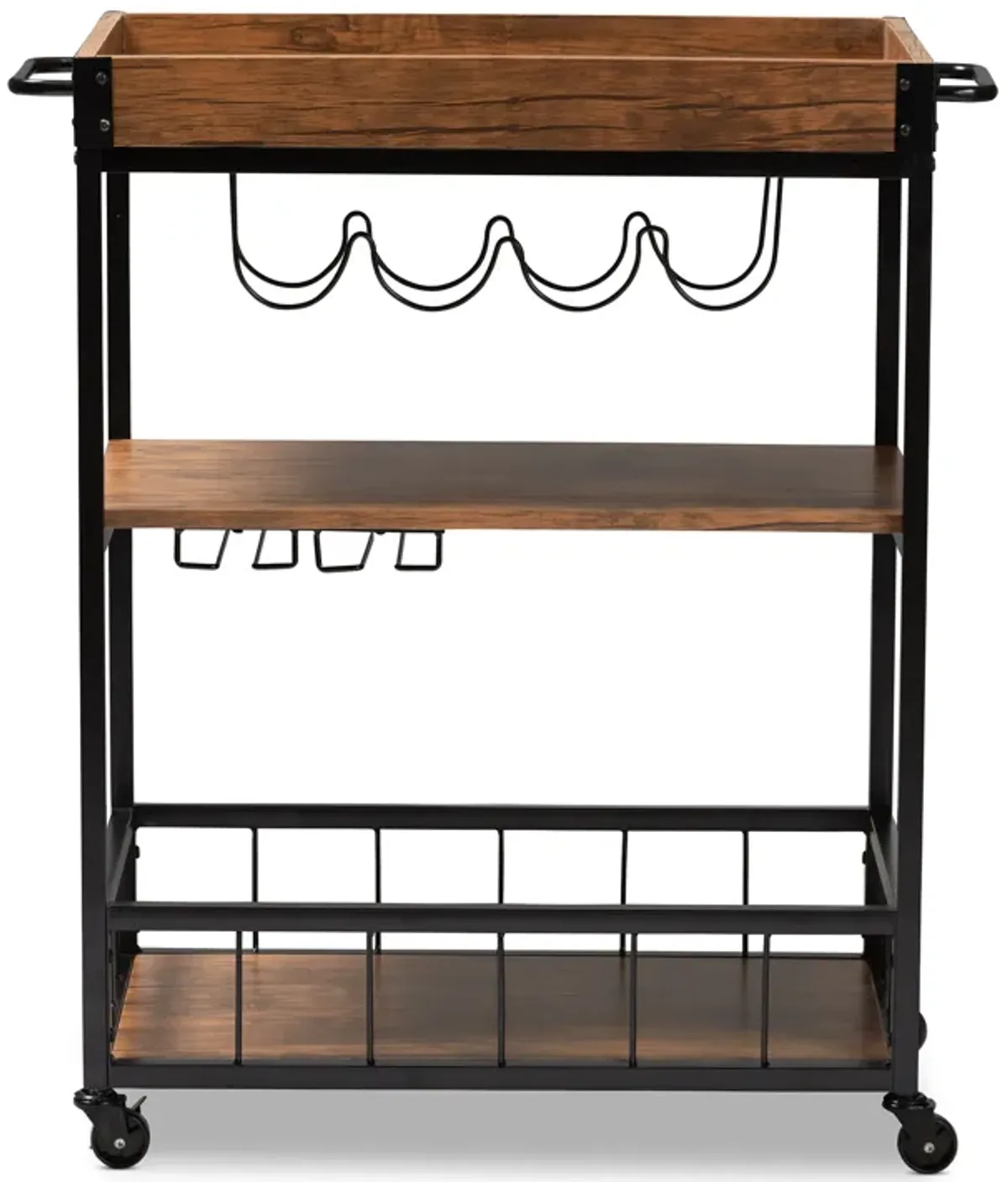 Baxton Studio Cerne Rustic Oak Brown Mobile Metal Bar Cart with Wine Bottle Rack