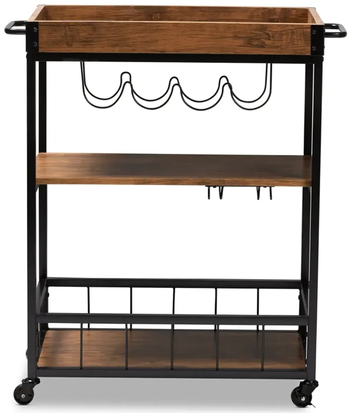 Baxton Studio Cerne Rustic Oak Brown Mobile Metal Bar Cart with Wine Bottle Rack