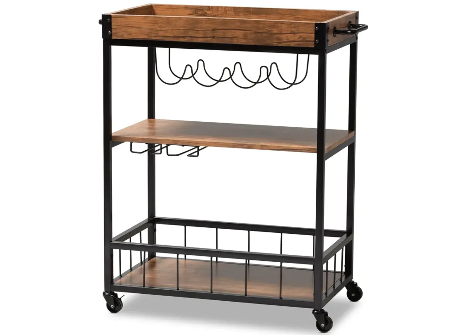 Baxton Studio Cerne Rustic Oak Brown Mobile Metal Bar Cart with Wine Bottle Rack