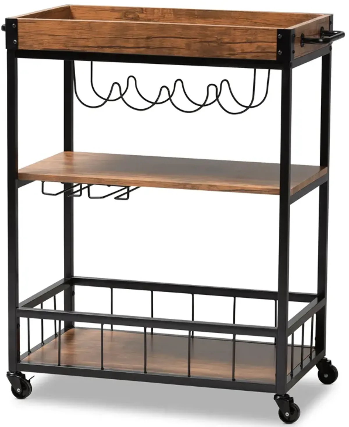 Baxton Studio Cerne Rustic Oak Brown Mobile Metal Bar Cart with Wine Bottle Rack