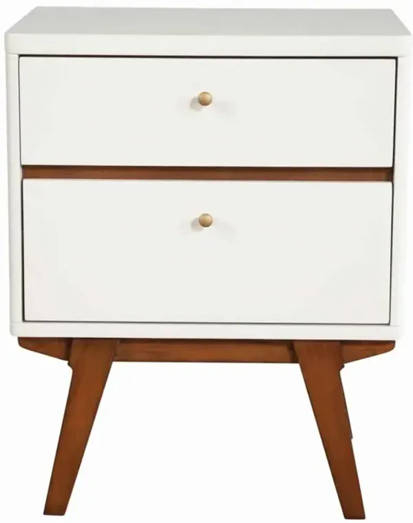 2 Drawer Wooden Nightstand with Angled Legs, White and Brown - Benzara