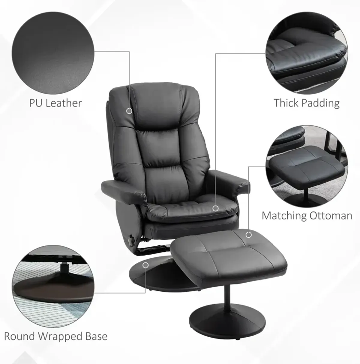 Black Relaxation Duo: PU Leather Recliner and Ottoman for Living Room