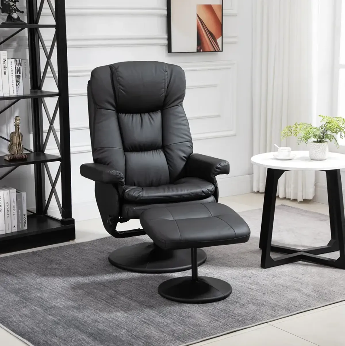 Black Relaxation Duo: PU Leather Recliner and Ottoman for Living Room