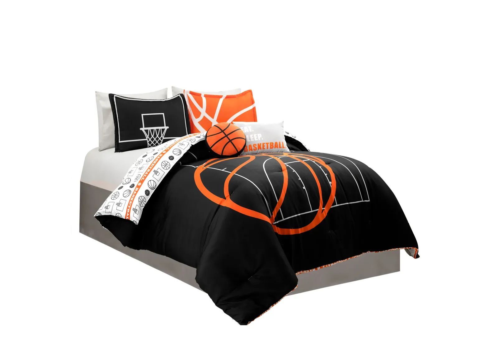 Basketball Game Reversible Oversized 5 Piece Comforter Set - Cozy & Soft Kids Sports Themed Bedding Set - Full/ Queen, Black & Orange