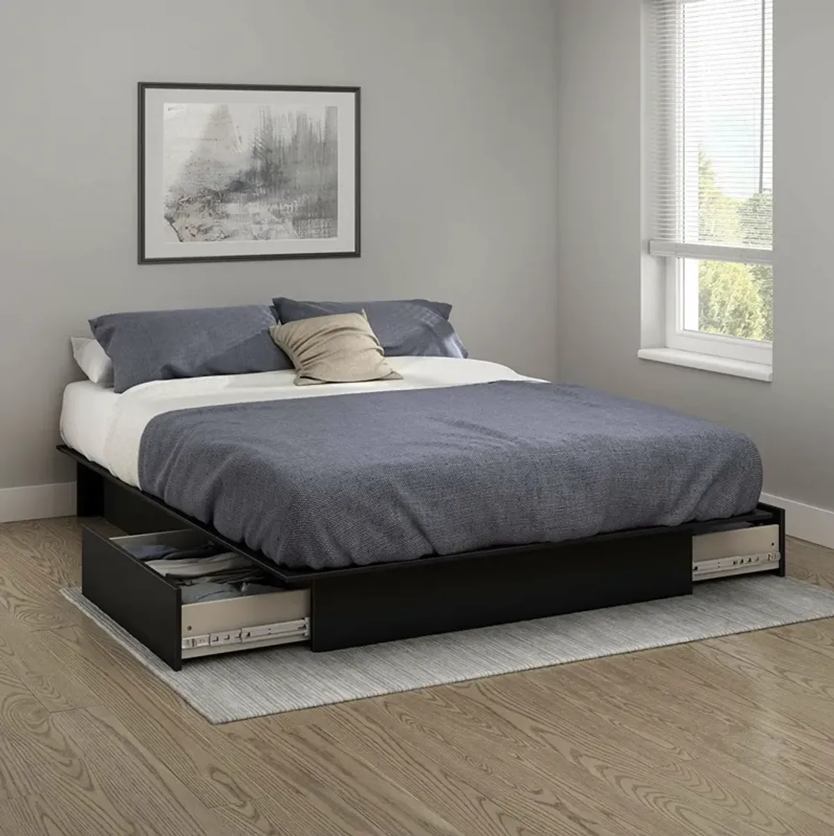 Hivvago Queen Platform Bed Frame with 2 Storage Drawers in Black Wood Finish