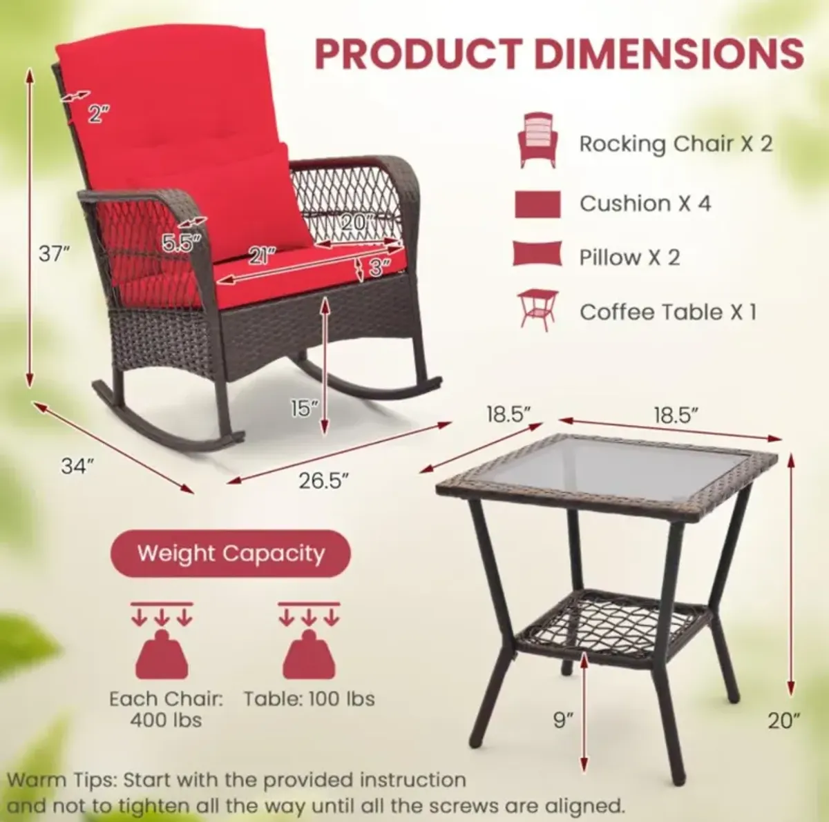 Hivvago 3 Pieces Rocking Bistro Set with 2-Tier Coffee Table