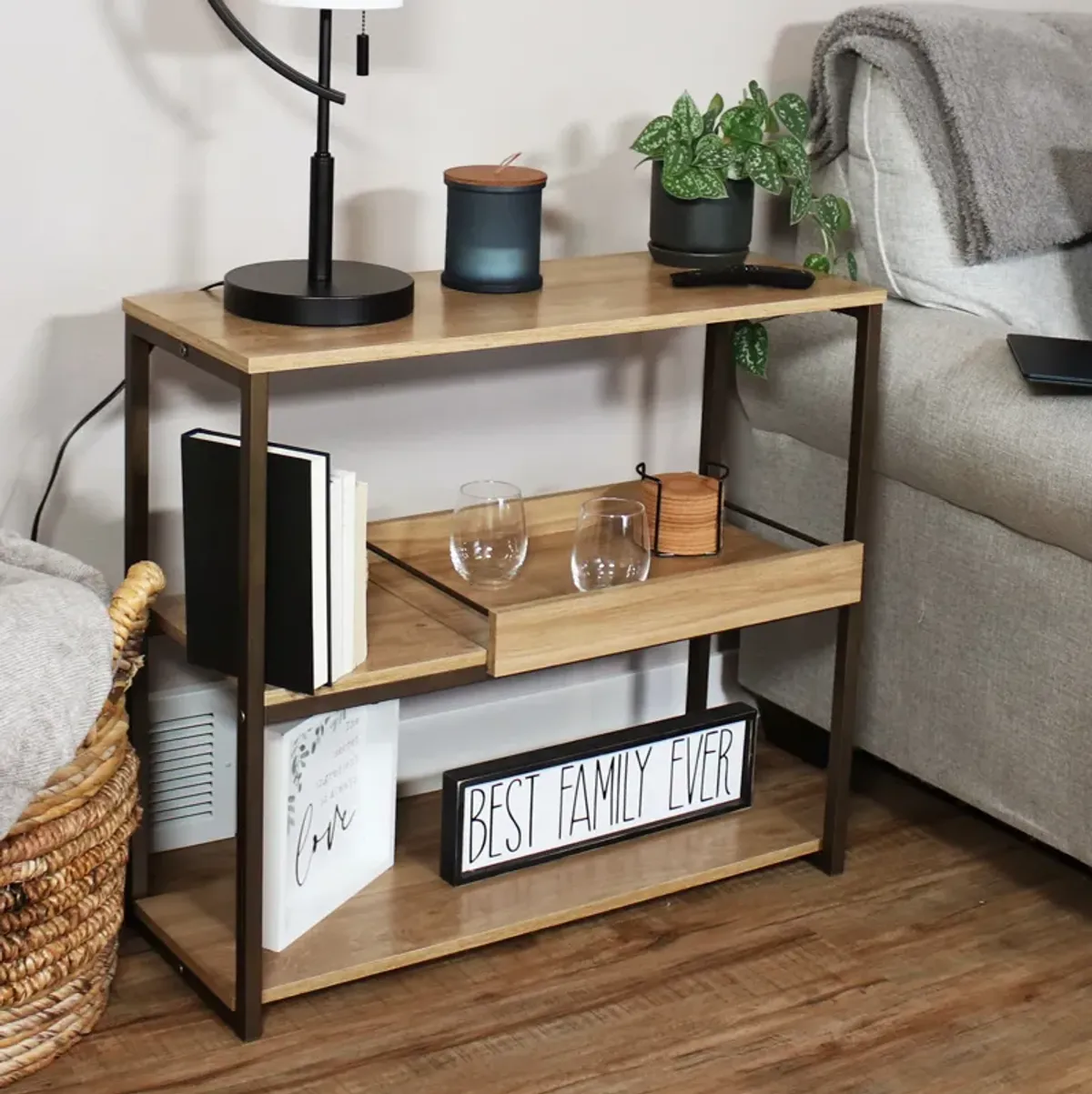 Sunnydaze Industrial 3-Shelf Sofa Table with Tray - Brown - 28.25 in